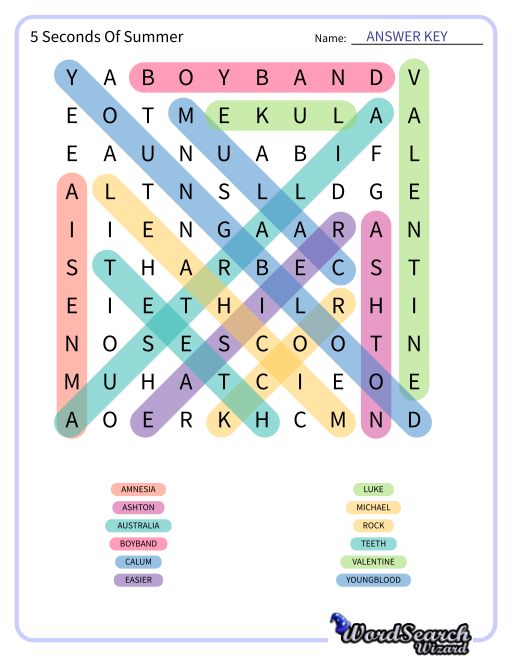 5 Seconds Of Summer Word Search Puzzle