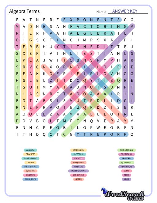 Algebra Terms Word Search Puzzle
