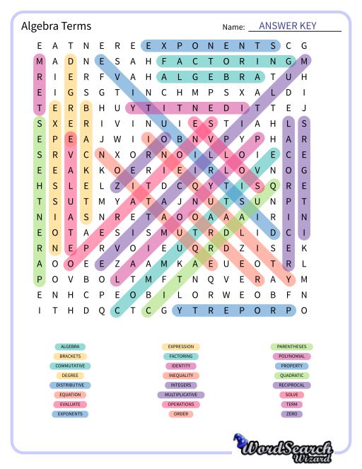 Word Search Puzzle Algebra Terms