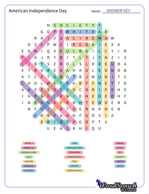 Word Search Puzzle American Independence Day