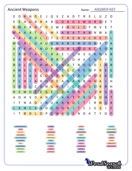 Word Search Puzzle Ancient Weapons