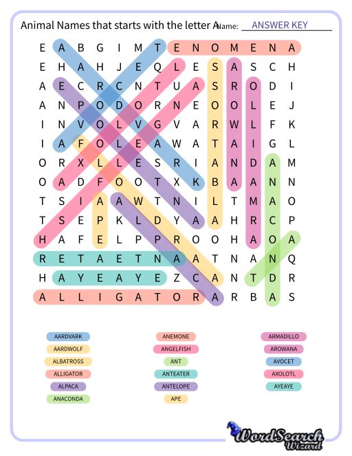 Animal Names that starts with the letter A Word Search Puzzle