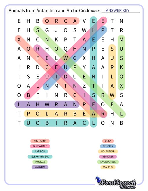 Animals from Antarctica and Arctic Circle Word Search Puzzle