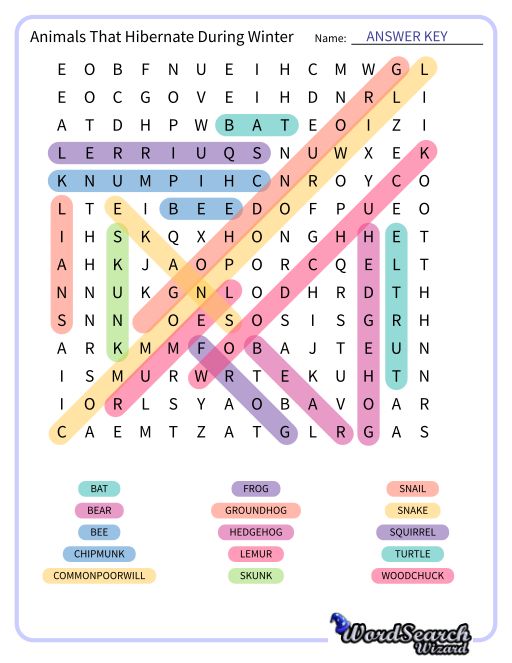 Animals That Hibernate During Winter Word Search Puzzle