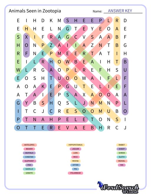 Animals Seen in Zootopia Word Search Puzzle