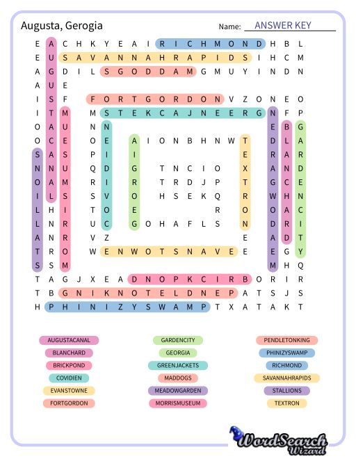 Augusta, Gerogia Word Search Puzzle