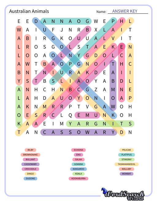 Australian Animals  Word Search Puzzle