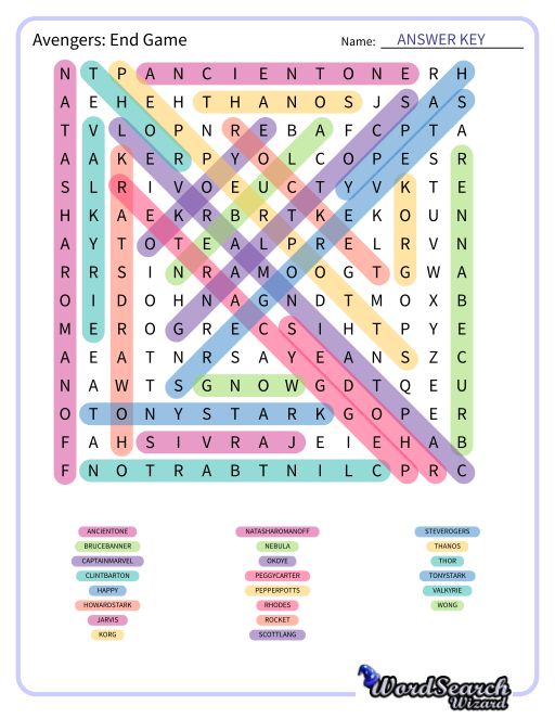 Avengers: End Game Word Search Puzzle