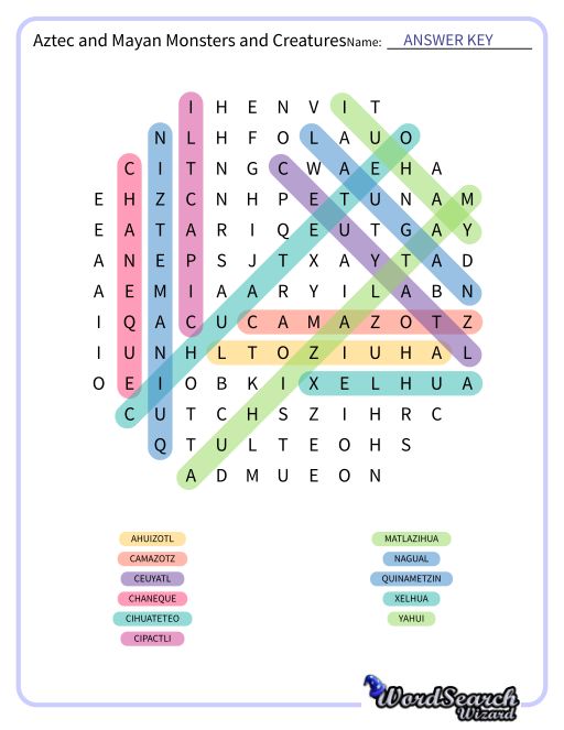 Aztec and Mayan Monsters and Creatures Word Search Puzzle