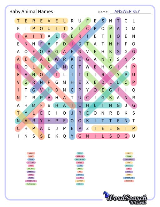 Word Search Puzzle - Baby Animal Names