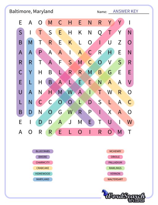 Baltimore, Maryland Word Search Puzzle