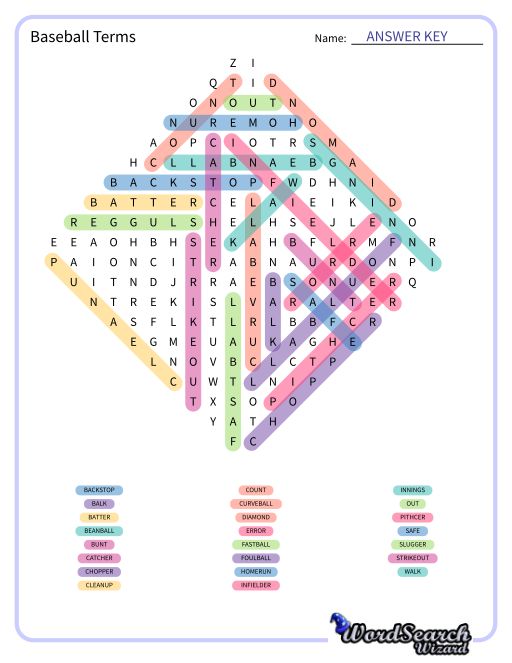 Word Search Puzzle Baseball Terms