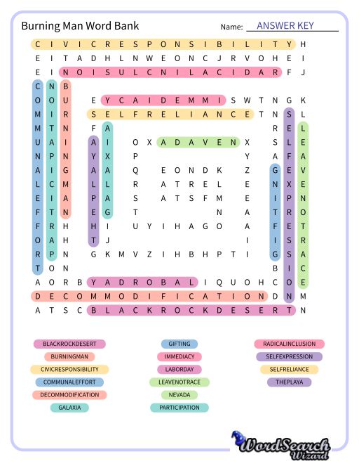 Burning Man Word Bank Word Search Puzzle