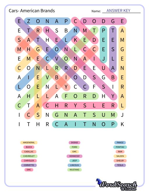 Cars- American Brands Word Search Puzzle