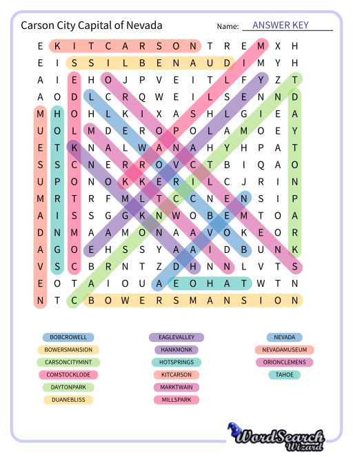 Carson City Capital of Nevada Word Search Puzzle