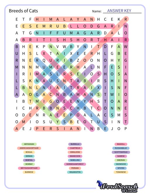 Breeds of Cats Word Search Puzzle
