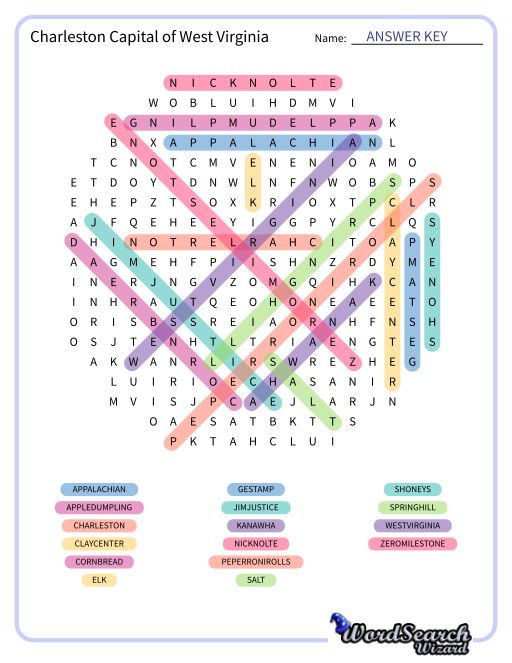 Charleston Capital of West Virginia Word Search Puzzle