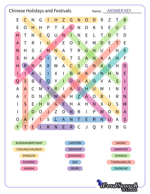 Chinese Holidays and Festivals Word Search Puzzle