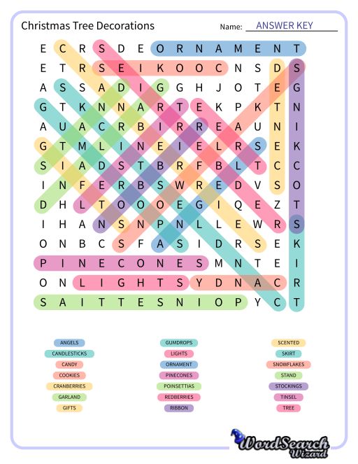 Christmas Tree Decorations Word Search Puzzle