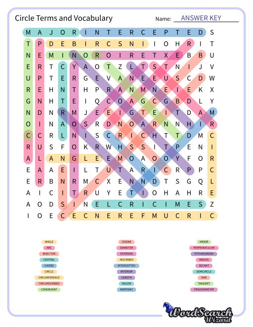 Circle Terms and Vocabulary Word Search Puzzle