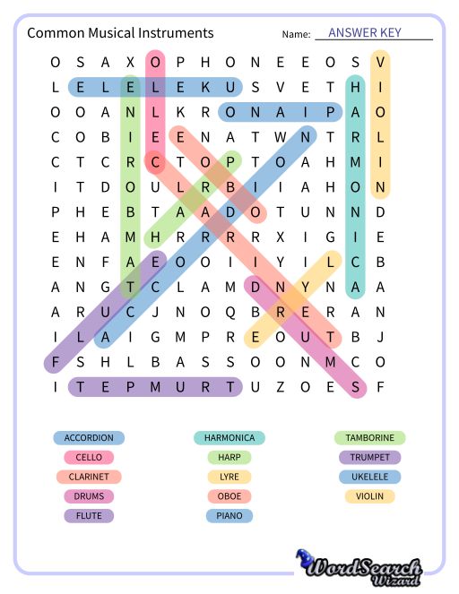 Common Musical Instruments Word Search Puzzle