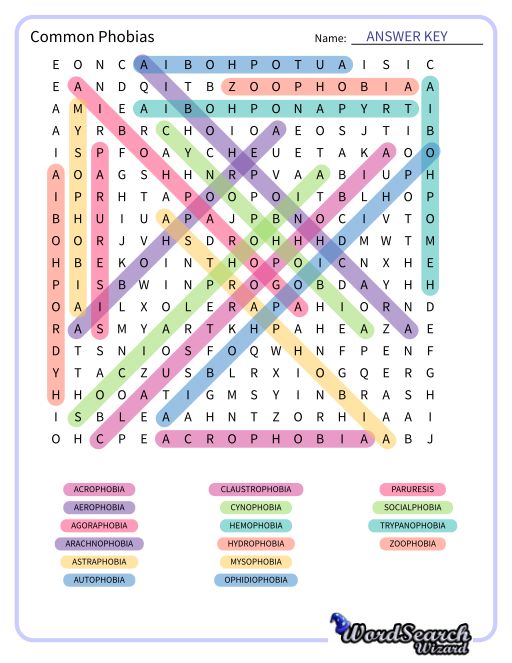 Common Phobias Word Search Puzzle