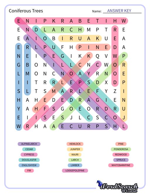 Word Search Puzzle Coniferous Trees