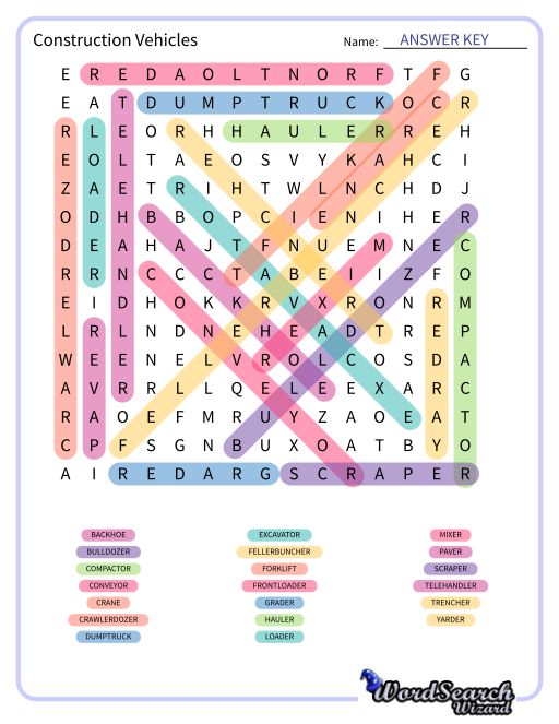 Construction Vehicles Word Search Puzzle