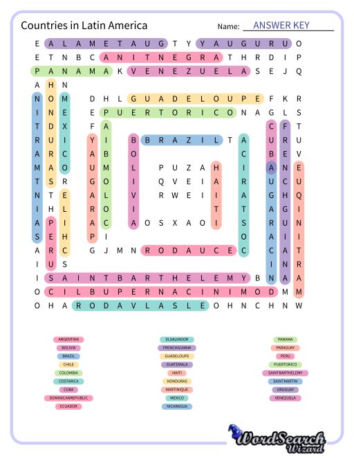 Word Search Puzzle Countries In Latin America