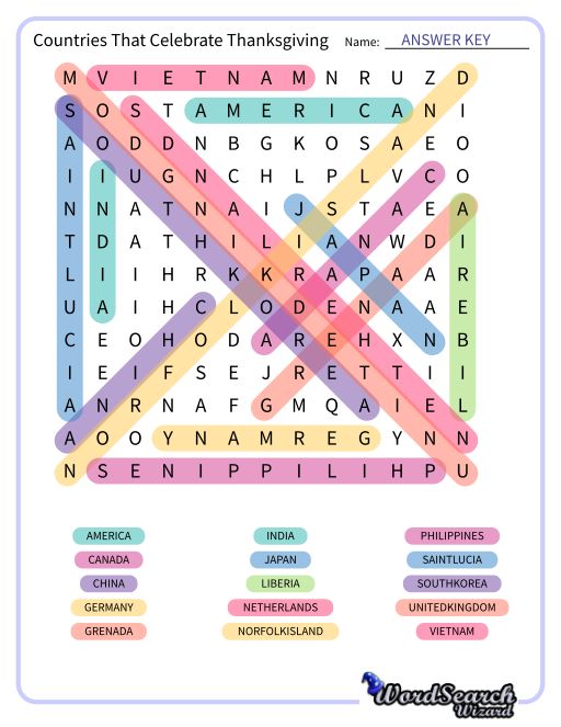 Countries That Celebrate Thanksgiving Word Search Puzzle