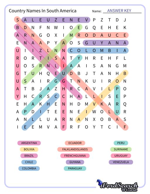 Country Names In South America Word Search Puzzle