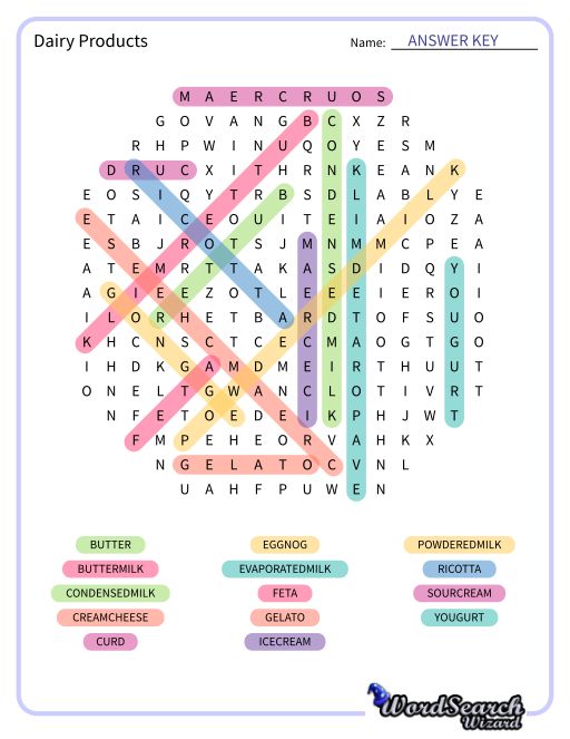 Dairy Products Word Search Puzzle