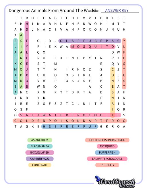 Dangerous Animals From Around The World Word Search Puzzle