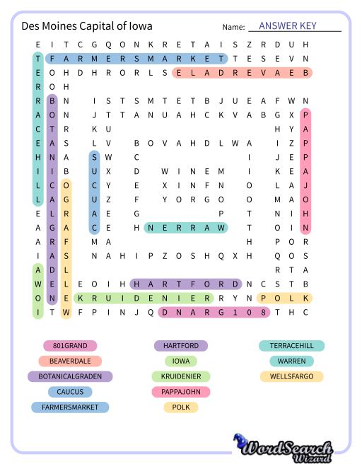 Des Moines Capital of Iowa Word Search Puzzle