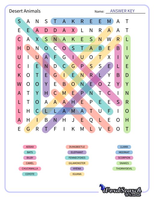 Desert Animals Word Search Puzzle