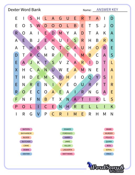 Dexter Word Bank Word Search Puzzle