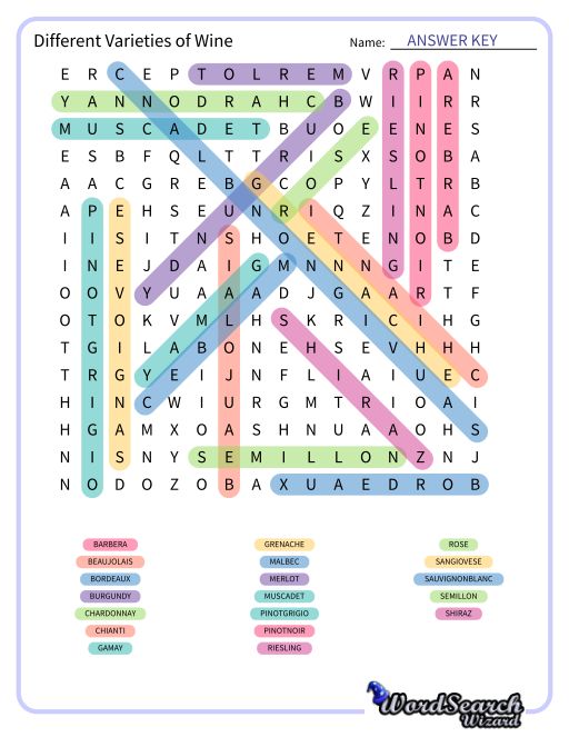 Different Varieties of Wine Word Search Puzzle