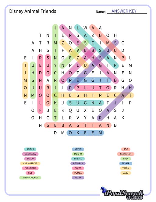 Disney Animal Friends Word Search Puzzle