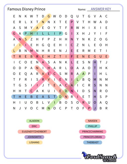 Famous Disney Prince Word Search Puzzle