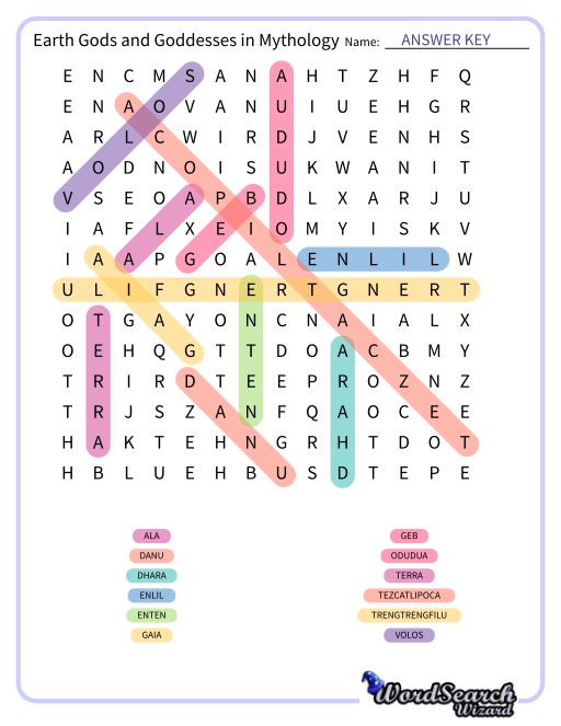 Earth Gods and Goddesses in Mythology Word Search Puzzle