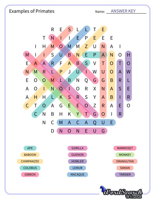 Examples of Primates Word Search Puzzle