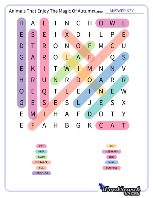 Animals That Enjoy The Magic Of Autumn Word Search Puzzle