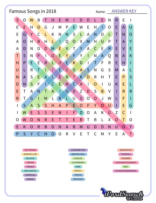 Famous Songs in 2018 Word Search Puzzle