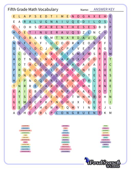 Word Search Puzzle Fifth Grade Math Vocabulary