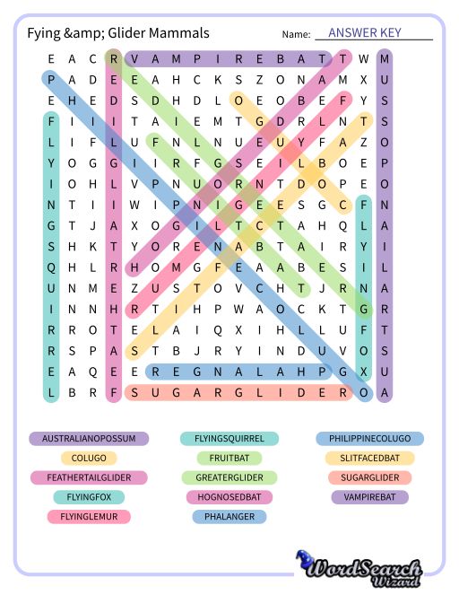 Fying &amp; Glider Mammals Word Search Puzzle