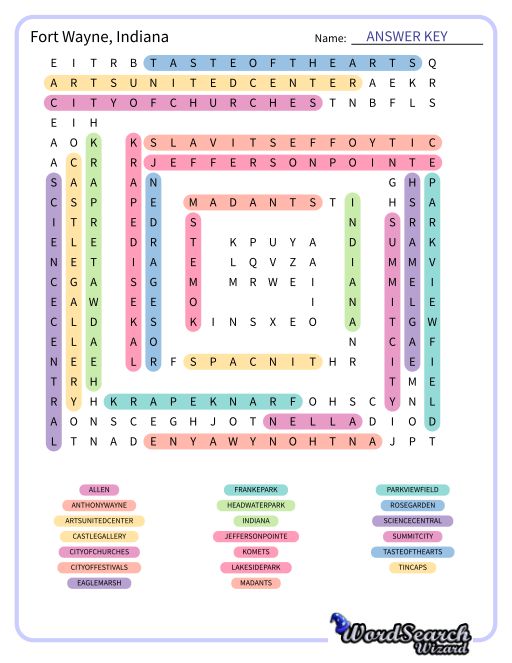 Fort Wayne, Indiana Word Search Puzzle