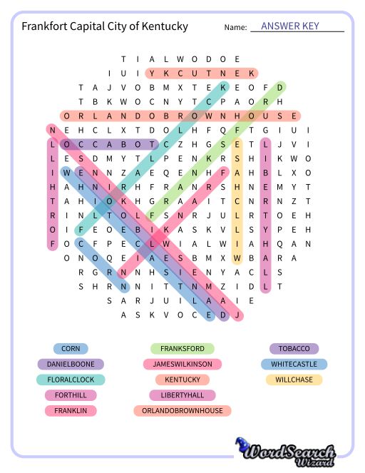 Frankfort Capital City of Kentucky Word Search Puzzle