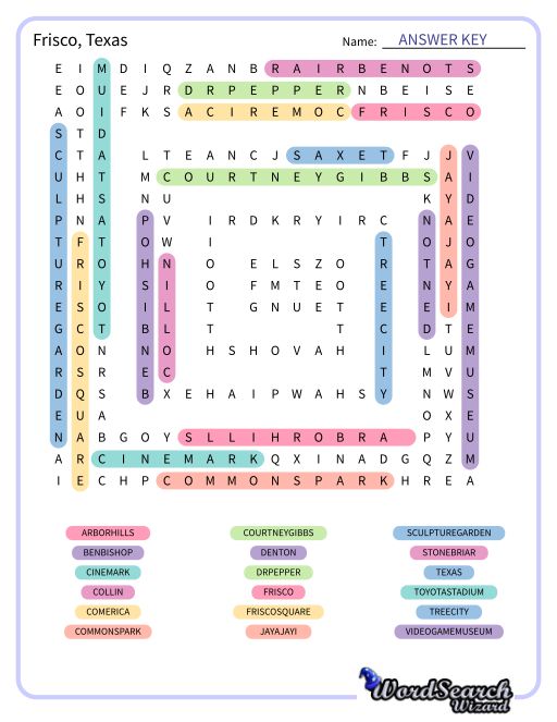 Frisco, Texas Word Search Puzzle