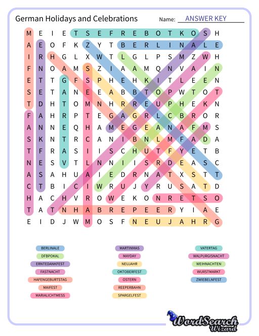 German Holidays and Celebrations Word Search Puzzle