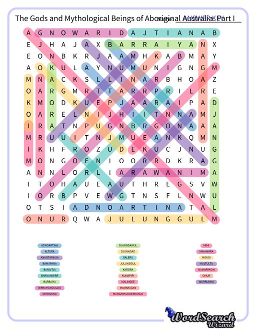 The Gods and Mythological Beings of Aboriginal Australia: Part I Word Search Puzzle